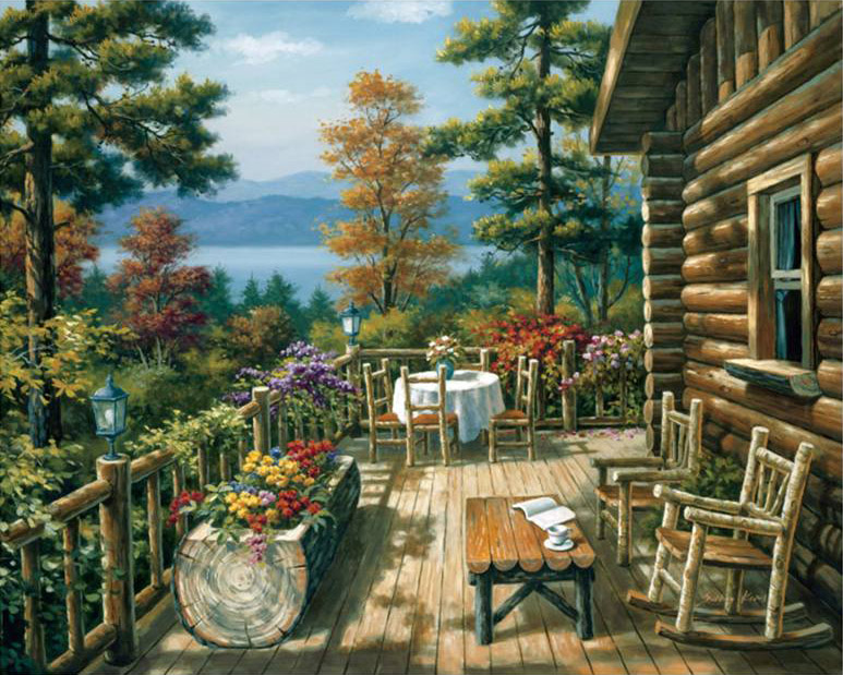 Log Cabin Porch painting - Sung Kim Log Cabin Porch art painting
